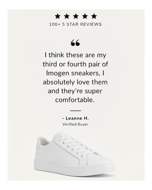 White sneaker with a customer review on a white background, featuring the brand 'Merchant 1948'.