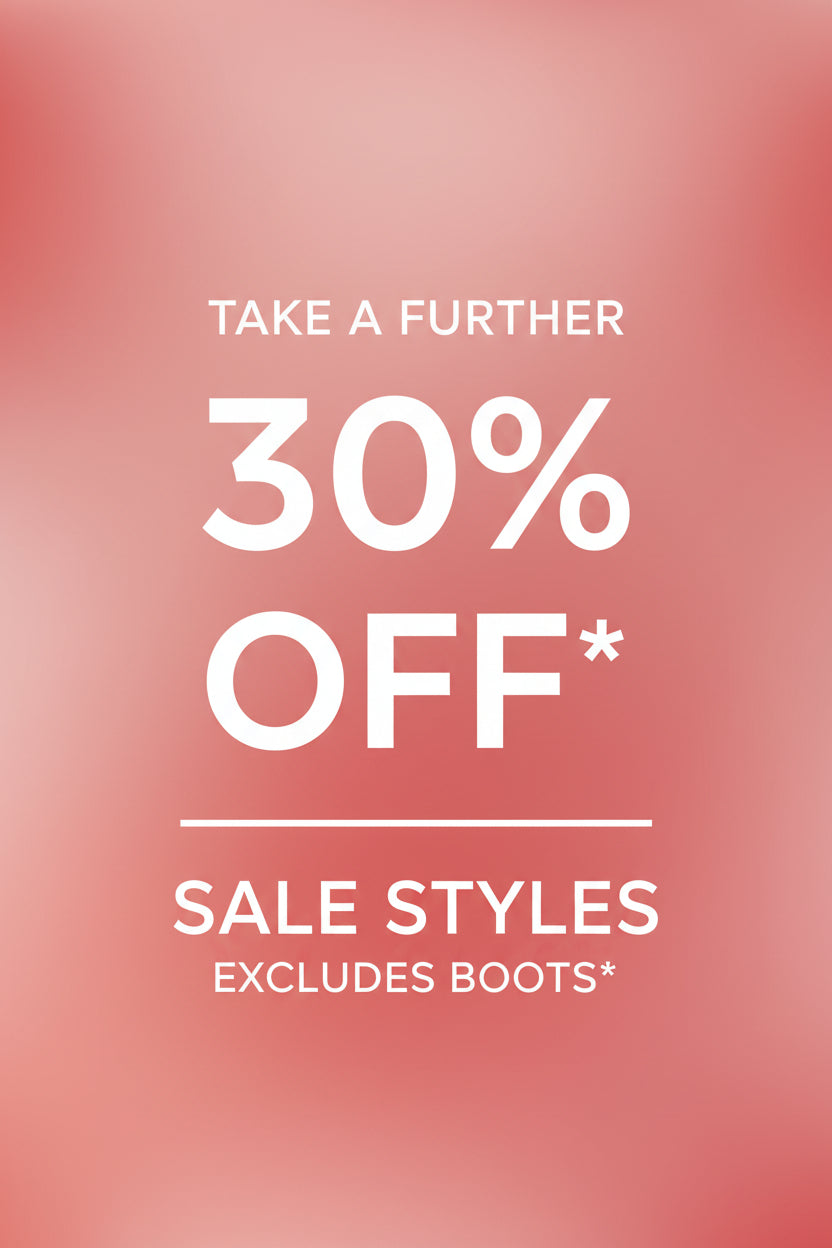 Promotional text for a 30% discount on sale styles against a blurred pink and red background.